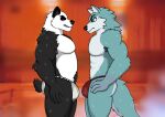 abs anthro arm_markings armpit_hair asian_clothing barazoku bear beastars biceps big_muscles black_and_white_fur black_ears black_eyes black_snout black_tail blurred_background bodily_fluids body_hair brand_new_animal bulge butt canid canine canis clothed clothing donfurro duo east_asian_clothing eye_contact eye_scar facial_scar frown frown_eyebrows fundoshi fundoshi_only giant_panda gouhin_(beastars) hand_markings happy_trail hi_res humanoid japanese_clothing looking_at_another male mammal markings musclegut muscular muscular_thighs orange_background pecs red_clothing red_fundoshi red_underwear sauna scar shirou_ogami simple_background smile smirk snout steam studio_trigger sweat sweatdrop sweaty_arms sweaty_body sweaty_butt sweaty_legs sweaty_tail sweaty_thighs tail teal_body teal_eyes teal_tail teeth topless underwear underwear_only ursine white_chest white_clothing white_fundoshi white_sclera white_underwear wolf