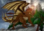 ambiguous_gender arakida branch brown_body brown_fur brown_wings cloudy dragon feral fur furred_dragon green_eyes horn looking_back membrane_(anatomy) mountain selianth solo standing_on_rock wings yellow_membrane