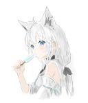  1girl ahoge animal_ear_fluff animal_ears blush braid commentary_request daimyojin_t detached_sleeves earrings extra_ears food fox_ears fox_girl green_eyes hair_between_eyes highres holding holding_food holding_popsicle hololive hood hoodie jewelry long_hair looking_at_viewer popsicle shirakami_fubuki shirakami_fubuki_(1st_costume) sidelocks simple_background single_braid solo virtual_youtuber white_background white_hair white_hoodie 