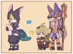  1girl 2boys :d ahoge animal_ear_fluff animal_ears animal_hat belt black_choker black_footwear black_gloves black_hair black_pants black_ribbon blue_butterfly blue_headwear blunt_ends boots border bright_pupils brown_eyes brown_thighhighs bug butterfly cape capelet capri_pants choker closed_mouth collei_(genshin_impact) crossed_bangs cyno_(genshin_impact) dark-skinned_male dark_skin earrings egyptian_clothes fake_animal_ears fox_boy fox_ears fox_tail genshin_impact gloves green_butterfly green_capelet green_eyes green_hair grey_hair hair_between_eyes hair_ornament hair_over_one_eye hands_up hat hat_ribbon holding holding_paper holding_polearm holding_weapon hood hood_down hoodie jackal_ears jewelry long_hair looking_at_viewer medium_hair multicolored_clothes multicolored_eyes multicolored_hair multiple_boys nploser one_eye_covered open_mouth orange_background pants paper polearm purple_eyes purple_sash red_eyes ribbon sash shoes short_hair short_sleeves simple_background single_earring smile squatting staff_of_the_scarlet_sands_(genshin_impact) standing streaked_hair tail thighhighs tighnari_(genshin_impact) usekh_collar vision_(genshin_impact) weapon white_border white_pupils yellow_cape 