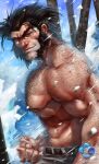  1boy bara cowboy_shot dr-conz from_side hairy knuckle_hair large_pectorals looking_at_viewer male_focus marvel mature_male muscular muscular_male navel_hair nipples pectorals short_hair solo standing thick_arm_hair thick_back_hair thick_chest_hair thick_eyebrows very_hairy wolverine x-men 