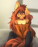 2023 anthro apogee_(tinygaypirate) breasts brown_body brown_eyes brown_fur brown_hair canid canine canis clothed clothing digital_media_(artwork) domestic_dog ear_piercing female female_anthro floppy_ears food_in_mouth fur hair hi_res kemono long_hair mammal mouth_hold off_shoulder piercing small_breasts solo spitz tail tan_body tan_fur tattoo tinygaypirate