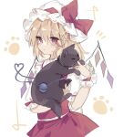  1girl ascot black_cat blonde_hair cat closed_mouth cowboy_shot crystal_wings dress flandre_scarlet frills hat looking_at_viewer medium_hair mob_cap puffy_short_sleeves puffy_sleeves red_dress red_eyes red_ribbon ribbon short_sleeves side_ponytail solo sorani_(kaeru0768) touhou wings 