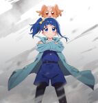  1girl absurdres animal_on_head aqua_coat black_pantyhose blue_eyes blue_hair blue_jumpsuit border bow chinese_commentary closed_mouth coat commentary_request crossed_arms cut_bangs frown hair_bow highres hirogaru_sky!_precure in-franchise_crossover inukai_komugi inukai_komugi_(dog) jumpsuit legs_apart looking_at_viewer medium_hair on_head open_clothes open_coat pantyhose precure short_jumpsuit side_ponytail single_sidelock sipeiren smoke solo sora_harewataru standing wonderful_precure! yellow_border 