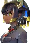  1girl animal_ears backlighting bangs black_hair blonde_hair breast_pocket broken_horn closed_mouth collared_shirt extra_ears eyebrows_visible_through_hair fuji_takanasu goshingyu-sama_(kemono_friends) grey_hair hair_between_eyes hair_ornament highres horizontal_pupils horns jacket kemono_friends looking_at_viewer medium_hair multicolored_hair necktie ox_ears ox_horns pocket shirt sidelocks smile solo tan upper_body wing_collar yellow_eyes yellow_horns 