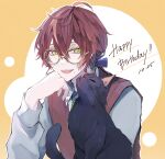  1boy :d ahoge albert_parker black_cat blue_ribbon bolo_tie brown_hair brown_sweater_vest cat collared_shirt dated double-parted_bangs glasses green_eyes grey_shirt hair_between_eyes hair_ribbon happy_birthday head_rest highres indie_virtual_youtuber long_hair looking_at_animal low_ponytail male_focus mole mole_under_mouth outline ribbon round_eyewear shirt sideways_glance smile solo sweater_vest teeth upper_body upper_teeth_only virtual_youtuber white_outline yellow_background yuduki_(u_duki) 