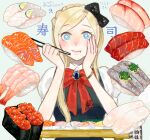  1girl bad_drawr_id bad_id bare_arms black_dress blonde_hair blue_eyes blue_gemstone blush bow bowtie bracelet braid caviar character_request chopsticks closed_mouth copyright_request crown_braid danganronpa_(series) danganronpa_2:_goodbye_despair dress eating fish_(food) food gem green_background hair_bow hand_on_own_cheek hand_on_own_face hands_up holding holding_chopsticks jewelry long_hair looking_at_viewer oekaki puffy_short_sleeves puffy_sleeves red_bow red_bowtie rice salmon sara_(kurome1127) short_sleeves shrimp sidelocks solo sonia_nevermind sparkling_eyes straight-on sushi table tuna upper_body white_sleeves 