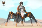  1girl absurdres armored_boots arthropod_girl blonde_hair boots capelet desert extra_legs full_body gauntlets head-mounted_display helmet highres larry_(anjisbai) looking_at_viewer mecha_musume original science_fiction solo spider_girl standing 