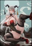  1girl absurdres aegir_(azur_lane) aegir_(golden_dragon_among_auspicious_clouds)_(azur_lane) ass azur_lane bare_shoulders black_footwear black_gloves black_panties black_thighhighs breasts cleavage demon_horns dress garter_straps gloves high_heels highres horns huge_breasts i_am_not_a_cat large_breasts leg_up lingerie long_hair looking_at_viewer moon multicolored_hair open_mouth panties parted_lips red_footwear red_hair shoes sitting smile solo spread_legs streaked_hair thighhighs thighs underwear very_long_hair white_hair yellow_eyes 