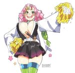  1girl belt black_skirt blush blush_stickers breasts eyelashes green_eyes green_hair green_legwear hand_on_hip heart highres holding holding_pom_poms kanroji_mitsuri kimetsu_no_yaiba kollerss large_breasts long_eyelashes long_hair maizken mole mole_under_eye motion_lines multicolored_hair open_mouth pink_hair pom_pom_(cheerleading) scabbard sheath sheathed signature simple_background sketch skindentation skirt solo star_(symbol) sword teeth thighhighs twintails weapon white_background 