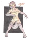 2021 anthro autumn_williams black_border border breasts cougar_leon featureless_breasts featureless_crotch feet female fur hair hi_res humanoid hyena mammal markings nude paws simple_background solo spots spotted_body spotted_fur spotted_hyena tail text traditional_media_(artwork) were werehyena