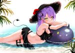  1girl absurdres alternate_costume arm_rest asymmetrical_hair beach bibi_(tokoyami_towa) bikini bikini_skirt black_bikini black_headwear blush braid breasts cleavage closed_mouth commentary cross cross_earrings crossed_arms demon_tail ear_piercing earrings eyelashes feet_out_of_frame flower french_braid frilled_bikini frills green_eyes hair_bun hat hat_flower heart_o-ring highres hololive inflatable_toy jewelry leg_tattoo long_hair looking_at_viewer lying multicolored_hair navel ocean on_side outdoors parted_bangs partially_submerged piercing pink_hair purple_hair simple_background single_side_bun small_breasts smile solo stomach straw_hat swimsuit tail tail_ornament tail_piercing tattoo thigh_strap tokoyami_towa totuoooo1015 two-tone_hair virtual_youtuber wet white_background 