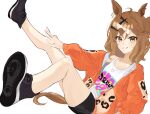  1girl ahoge animal_ears black_footwear black_shorts brown_hair commentary_request earrings grin hair_ornament highres hood hood_down hoodie horse_ears horse_girl horse_tail jewelry jungle_pocket_(umamusume) legs_up long_sleeves looking_at_viewer medium_hair necklace open_clothes open_hoodie orange_hoodie shoes shorts simple_background single_earring smile sneakers solo tail tank_top tuksi0302 umamusume v-shaped_eyebrows w white_background white_tank_top x_hair_ornament yellow_eyes 