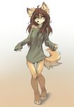2023 4_toes 5_fingers absurd_res ahoge anthro barefoot bottomless bottomless_anthro bottomless_female canid canine canis clothed clothing digital_media_(artwork) domestic_dog feet female female_anthro fingers fluffy full-length_portrait fur hair hi_res kemono long_hair looking_at_viewer mammal multicolored_body multicolored_fur off_shoulder paws portrait solo t-shirt_only tinygaypirate toeless_(marking) toes