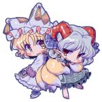  animal_hat back-to-back barefoot blonde_hair blue_ribbon blush chibi chibi_only curled_horns dress earrings fox_tail frilled_dress frills grey_dress grey_hair grin hat heart holding_another&#039;s_tail hoop_earrings horizontal_pupils horn_ornament horn_ribbon horns jewelry long_sleeves looking_at_viewer looking_back masanaga_(tsukasa) meandros medium_hair mob_cap multiple_tails open_mouth outline parted_bangs pointy_ears print_dress red_eyes red_horns ribbon simple_background smile socks speech_bubble spoken_heart tail tassel touhou toutetsu_yuuma white_background white_dress white_headwear white_socks yakumo_ran yellow_eyes 