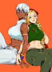  2girls blonde_hair blue_eyes braid breasts cammy_white crop_top dark-skinned_female dark_skin earrings elena_(street_fighter) green_pants green_sweater grey_hair holding_hands jewelry long_hair looking_at_viewer multiple_girls orange_background pants saida_nika scar scar_on_cheek scar_on_face short_hair smile street_fighter sweater very_dark_skin very_short_hair white_pants white_sweater yuri 