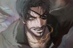  1boy beard black_hair black_jacket brown_eyes eyepatch facial_hair jacket jewelry looking_at_viewer majima_goro male_focus midomido necklace one_eye_covered open_mouth ryuu_ga_gotoku_(series) ryuu_ga_gotoku_8 short_hair smile solo teeth upper_body 