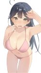  1girl ahoge bikini black_hair breasts brown_eyes cleavage commentary_request kantai_collection large_breasts leaning_forward navel pink_bikini sakieko simple_background solo swimsuit ushio_(kancolle) white_background 