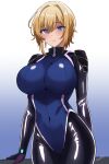  1girl absurdres batta_16-sei blonde_hair blue_eyes blush bodysuit breasts highres impossible_bodysuit impossible_clothes large_breasts looking_at_viewer multicolored_bodysuit multicolored_clothes original pilot_suit skin_tight solo 