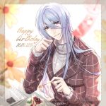  1boy blue_hair blurry blurry_foreground brown_coat cael_anselm cake cake_slice cheesecake closed_mouth coat daisy dated elbow_rest flower food hair_between_eyes happy_birthday head_rest holding holding_spoon jam light_blue_hair long_bangs long_hair long_sleeves looking_at_viewer lovebrush_chronicles male_focus newspaper official_alternate_costume phillyanna plaid plaid_coat plate purple_eyes ribbed_sweater sitting smile solo spoon sweater table turtleneck turtleneck_sweater upper_body white_background white_sweater wind_chime yellow_flower 