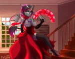  anthro bat_pony big_breasts breasts caliluminos clothed clothing corset dress equid female hi_res inside lingerie looking_aside mammal my_little_pony paper_fan solo stairway topless topwear window 