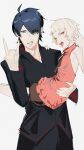  1boy 1girl \m/ absurdres ahoge araragi_koyomi black_pants black_shirt blonde_hair blue_eyes blunt_bangs carrying clenched_teeth dress hair_over_one_eye hand_up highres kizumonogatari long_sleeves looking_at_viewer monogatari_(series) naoetsu_high_school_uniform oshino_shinobu pants popped_collar princess_carry red_dress school_uniform shirt shishirui_san short_hair simple_background sketch teeth tongue tongue_out white_background yellow_eyes 