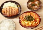  absurdres bowl donburi food food_focus highres kaneko_ryou meat no_humans original plate pork rice simple_background steam still_life 