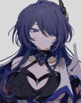 1girl acheron_(honkai:_star_rail) black_choker breasts choker cleavage commentary_request crying crying_with_eyes_open grey_background hair_ornament hair_over_shoulder highres honkai:_star_rail honkai_(series) inagoinaire large_breasts long_hair parted_lips purple_eyes purple_hair simple_background single_bare_shoulder solo tears upper_body very_long_hair 