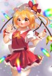  1girl absurdres ascot back_bow blonde_hair bow breasts cowboy_shot crystal fang flandre_scarlet gradient_background grey_background hair_between_eyes hat hat_bow hat_ribbon highres iris_(airisu495) large_bow looking_at_viewer medium_hair mob_cap multicolored_wings open_mouth orange_eyes petticoat puffy_short_sleeves puffy_sleeves red_bow red_ribbon red_skirt red_vest ribbon shirt short_sleeves simple_background skin_fang skirt skirt_set small_breasts solo thighhighs touhou vest white_bow white_headwear white_shirt white_thighhighs wings wrist_cuffs yellow_ascot 