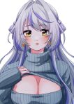  1girl blush braid braided_bun breasts cleavage_cutout clothes_lift clothing_cutout commentary_request cone_hair_bun expressionless grey_sweater hair_bun hair_intakes highres islandz kohaku_yuri large_breasts lips long_hair looking_at_viewer medium_bangs multicolored_hair nanashi_inc. open_mouth purple_hair sidelocks simple_background solo streaked_hair sweater sweater_lift teardrop_earrings turtleneck turtleneck_sweater two-tone_hair upper_body virtual_youtuber white_background white_hair yellow_eyes 