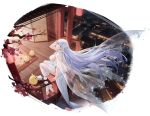  1girl albion_(azur_lane) albion_(scent_of_pring_in_the_red-pavilion)_(azur_lane) animal arm_support azur_lane bird blue_eyes blue_hair bracelet branch breasts bug butterfly carpet cup dress fingernails garter_straps hair_ornament hand_up highres jewelry large_breasts long_hair looking_at_viewer manjuu_(azur_lane) ng_jie night official_art outdoors petals pointy_ears see-through sitting teacup teapot thighhighs thighs tray white_dress wooden_floor 