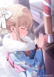  1girl blue_eyes blue_kimono blush bow closed_eyes closed_mouth floral_print floral_print_kimono hair_bow hatsumoude japanese_clothes kimono light_brown_hair nekokobushi new_year original outdoors praying print_kimono sash shrine sidelocks solo white_bow 