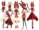 1boy 2girls :d alastor_(hazbin_hotel) animal_ears antlers arms_behind_back black_bow black_bowtie black_footwear black_nails black_pants blonde_hair bow bowtie charlie_morningstar circle_facial_mark claw_ring closed_mouth coat colored_sclera colored_skin commentary deer_antlers deer_boy deer_ears demon_boy english_commentary evil_grin evil_smile facial_mark fangs full_body gloves glowing glowing_eyes grin half-closed_eyes hand_on_own_hip hand_up hands_on_own_hips hazbin_hotel head_tilt highres holding holding_hands holding_microphone horns jacket jewelry katie_killjoy leaning_forward long_hair looking_at_another looking_at_viewer low-tied_long_hair microphone monocle multicolored_hair multiple_girls multiple_views nai_ga necklace open_mouth pants pearl_necklace red-tinted_eyewear red_bow red_bowtie red_coat red_eyes red_gloves red_hair red_jacket red_pants red_sclera sharp_teeth shirt shoes short_hair simple_background smile standing striped_coat suspenders teeth tinted_eyewear traditional_bowtie two-tone_hair vertical-striped_coat vintage_microphone white_background white_eyes white_shirt white_skin yellow_eyes yellow_teeth 
