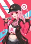 1girl \n/ absurdres baseball_cap black_headwear black_jacket breasts cleavage commentary_request cowboy_shot cropped_shirt hands_up haseya_8791 hat highres holding holding_microphone hololive hololive_english jacket jewelry long_hair long_sleeves looking_at_viewer medium_breasts microphone midriff mori_calliope navel necklace open_clothes open_jacket open_mouth pink_hair ponytail red_eyes shirt smile solo virtual_youtuber white_shirt 