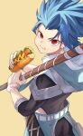  1boy blue_hair bracelet cu_chulainn_(fate) earrings eating fate/grand_order fate_(series) genshu_doki hood hot_dog jewelry male_focus over_shoulder red_eyes setanta_(fate) staff weapon weapon_over_shoulder yellow_background 