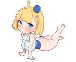 1girl ahoge arm_support ass bare_shoulders barefoot blonde_hair blush breasts chibi griffon_(last_origin) last_origin looking_at_viewer lying medium_hair miman_(hasutaro_stream) official_alternate_costume on_stomach simple_background white_background 