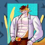 abs animal_crossing anthro avi_the_tiger bulge canid canine canis chief_(animal_crossing) clothed clothing cowboy_hat coyote forestpunktiger hat headgear headwear male male/male mammal nintendo open_clothing open_shirt open_topwear pallav_the_tiger partially_clothed pecs shirt topwear