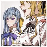  2girls anisphia_wynn_palettia ascot black_ribbon blonde_hair blue_hair breasts closed_mouth commentary_request euphyllia_magenta girl_staring_at_guys_chest_(meme) hair_ribbon highres jacket khanhs long_hair looking_at_another looking_at_breasts medium_breasts meme multiple_girls neck_ribbon open_mouth purple_eyes purple_ribbon ribbon smile tensei_oujo_to_tensai_reijou_no_mahou_kakumei vietnamese_commentary white_ascot white_jacket yellow_ribbon 