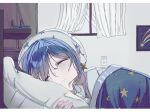  1girl :3 blanket blue_hair blush closed_eyes closed_mouth curtains earrings electrical_outlet english_commentary highres hololive hoshimachi_suisei indoors jewelry karyln pillow short_hair sleeping smile solo virtual_youtuber white_headwear 
