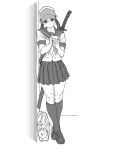  1girl against_wall bad_drawr_id bad_id bag bag_charm bright_pupils character_request charm_(object) closed_mouth copyright_request full_body greyscale hat holding holding_phone katana keidoro143 long_hair monochrome oekaki phone pleated_skirt sailor_collar sandals school_bag school_uniform serafuku sheath sheathed short_sleeves simple_background skirt socks solo standing sword twintails weapon white_pupils 