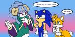  1girl 2boys blue_eyes blue_fur commentary english_commentary english_text furry furry_male gloves green_eyes hyrulepirate male_focus multiple_boys simple_background sonic_(series) sonic_the_hedgehog speech_bubble tails_(sonic) 