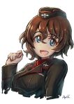  1girl akaboshi_koume artist_name bangs black_headwear black_jacket blue_eyes brown_hair commentary cropped_torso dress_shirt eyebrows_visible_through_hair garrison_cap girls_und_panzer hat highres insignia jacket kuromorimine_military_uniform kuroneko_douji long_sleeves looking_at_viewer military military_hat military_uniform open_mouth red_shirt shirt short_hair signature simple_background sketch smile solo uniform wavy_hair white_background wing_collar 