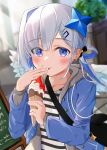  1girl absurdres amane_kanata blue_eyes blue_hair blue_halo blue_jacket blurry blush colored_inner_hair commentary_request day depth_of_field eating feathered_wings food grey_hair halo highres holding holding_food holding_ice_cream hololive ice_cream jacket long_hair long_sleeves looking_at_viewer mini_wings multicolored_hair outdoors rate_mogyu shirt single_hair_intake solo streaked_hair striped_clothes striped_shirt tongue tongue_out upper_body virtual_youtuber white_wings wings 