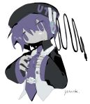  1girl audio_jack beret black_headwear black_sleeves cable collared_shirt distortion hat headlamp headphones highres looking_at_viewer necktie purple_eyes purple_hair purple_necktie robot_ears shirt short_hair skirt solo square tie_clip utane_uta utau wngtlov 