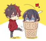  2boys :| ahoge barefoot black_hair black_pants blue_eyes chibi closed_mouth food gloom_(expression) goma_sodapop hands_in_pockets hizen_tadahiro hood hoodie ice_cream_cone in_container in_food kicking long_sleeves looking_at_another male_focus multicolored_hair multiple_boys namazuo_toushirou pants red_hair red_hoodie surprised touken_ranbu two-tone_hair white_background yellow_background 