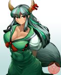  1094akagakati absurd_res accessory animal_humanoid big_breasts black_pupils black_sclera bovid bovid_humanoid bow bow_ribbon breasts cleavage clothed clothing digital_media_(artwork) dress eyelashes facial_markings female fluffy fluffy_tail fully_clothed fur furgonomics green_clothing green_dress green_hair grey_body grey_fur grey_hair grey_tail hair hakutaku half-closed_eyes head_markings hi_res horn horn_accessory horn_bow horn_ribbon huge_breasts humanoid keine_kamishirasawa light_body light_skin long_hair looking_at_viewer mammal mammal_humanoid markings monotone_body monotone_fur monotone_tail multi_eye multicolored_hair narrowed_eyes navel_outline pupils red_bow red_eyes red_markings red_ribbon ribbons simple_background smile solo standing tight_clothing touhou two_tone_hair unusual_anatomy video_games white_background 