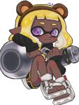 1girl black_shorts black_sweater blonde_hair brown_hairband closed_mouth commentary_request dark-skinned_female dark_skin full_body hairband highres inkling_girl inkling_player_character light_smile long_hair mina_p nautilus_(splatoon) pointy_ears purple_eyes purple_hair sandals short_shorts shorts simple_background sitting solo splatoon_(series) splatoon_3 sweater tentacle_hair thick_eyebrows toes white_background yellow_trim 