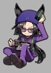  1girl air_shakur_(mag!c_number)_(umamusume) air_shakur_(umamusume) animal_ear_headphones animal_ears black_hair bracelet brown_footwear chain chibi closed_mouth computer ears_through_headwear eyebrow_piercing fake_animal_ears full_body gold_chain grey_hair hat headphones highres jewelry karate_(karatedazey) laptop long_hair long_sleeves pants piercing purple_headwear purple_pants purple_shirt shirt shoes simple_background sitting smile solo sunglasses umamusume 