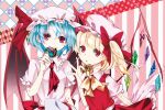  2girls ascot back_bow bat_wings blonde_hair blue_hair bow bowtie breasts collared_shirt crystal flandre_scarlet frilled_shirt_collar frilled_skirt frilled_sleeves frills hair_bow hat hat_ribbon kelu. large_bow looking_at_viewer medium_hair mob_cap multicolored_wings multiple_girls one_side_up pink_background pink_bow pink_headwear pink_shirt purple_eyes red_ascot red_bow red_eyes red_skirt red_vest remilia_scarlet ribbon shirt short_sleeves siblings simple_background sisters skirt small_breasts striped_background touhou upper_body vest wings yellow_bow yellow_bowtie 
