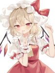  1girl ascot blonde_hair crystal flandre_scarlet hat highres index_finger_raised mob_cap one_side_up puffy_sleeves red_eyes red_vest short_sleeves simple_background solo sorani_(kaeru0768) touhou vest white_background white_headwear wings yellow_ascot 